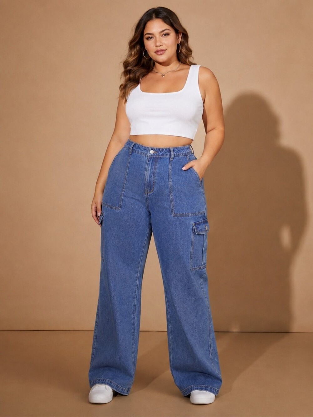 SHEIN Curve 2XL High Rise Wide Leg Cargo Jeans Y2K Medium Wash Denim